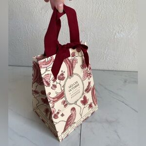 Sezane Gift Bag Pouch Bird Pattern Red Ribbon Cream NEW Holidays Christmas Xmas